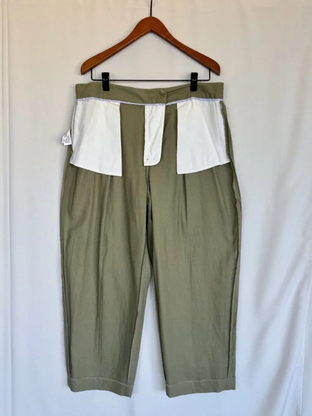 Zara Sage Green Linen Blend Pleat Front Barrel Crop Leg Trousers‎ Size XXL NWT